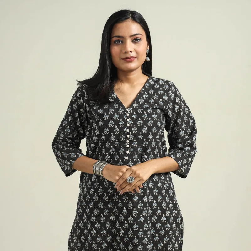 Black with Flower Ajrakh Hand Block Printed Cotton Kurta made by Itokri