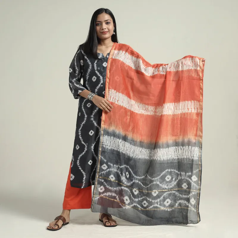 Black - Shibori Tye-Dye Chanderi Silk Kurta with Palazzo & Dupatta Set sold by Itokri