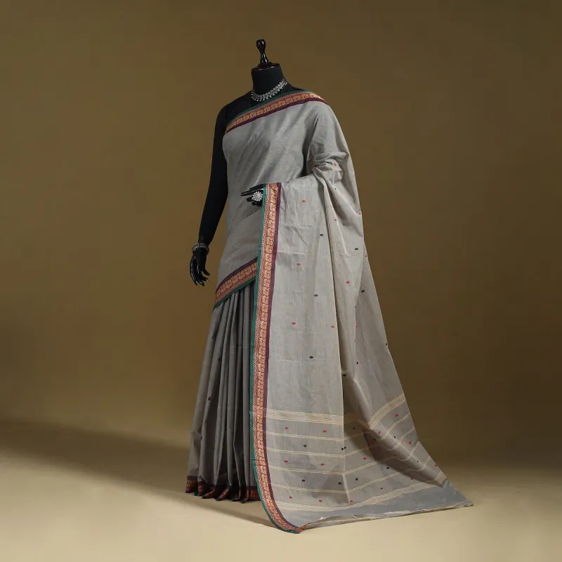 Grey - Thread Buti Cotton Kanchipuram Saree with Border 55 sold by Itokri
