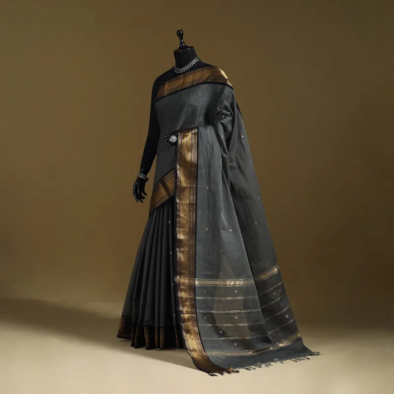 Grey - Thread Buti Cotton Kanchipuram Saree with Border 54 made by Itokri
