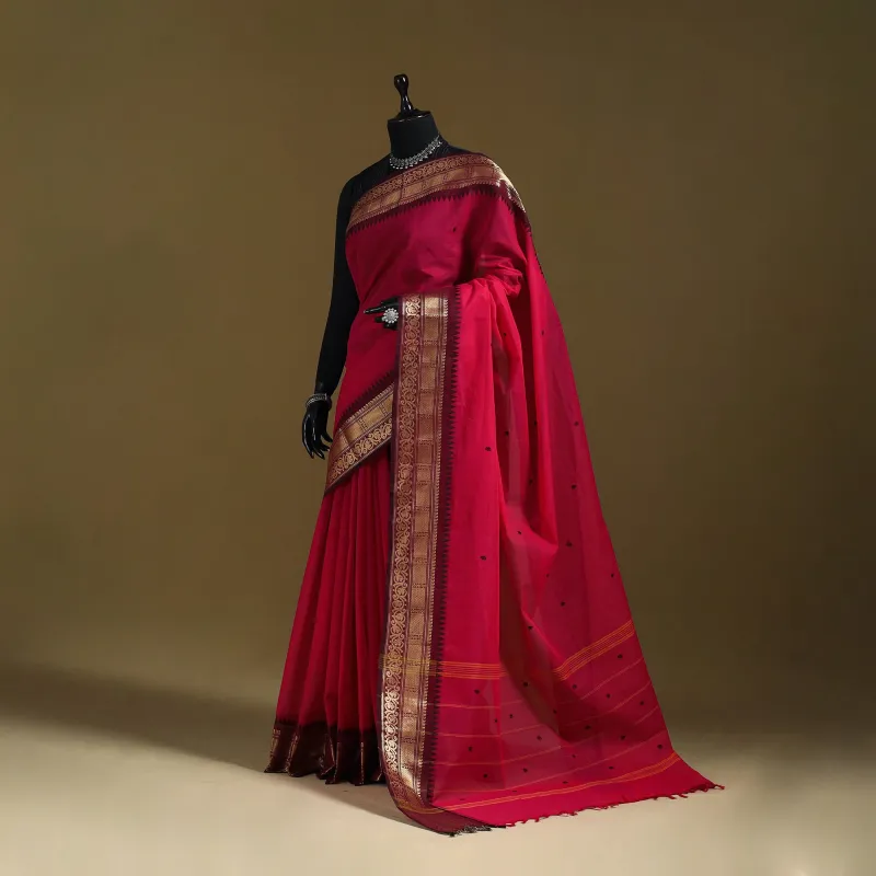 Red - Thread Buti Cotton Kanchipuram Saree with Border 50 sold by Itokri