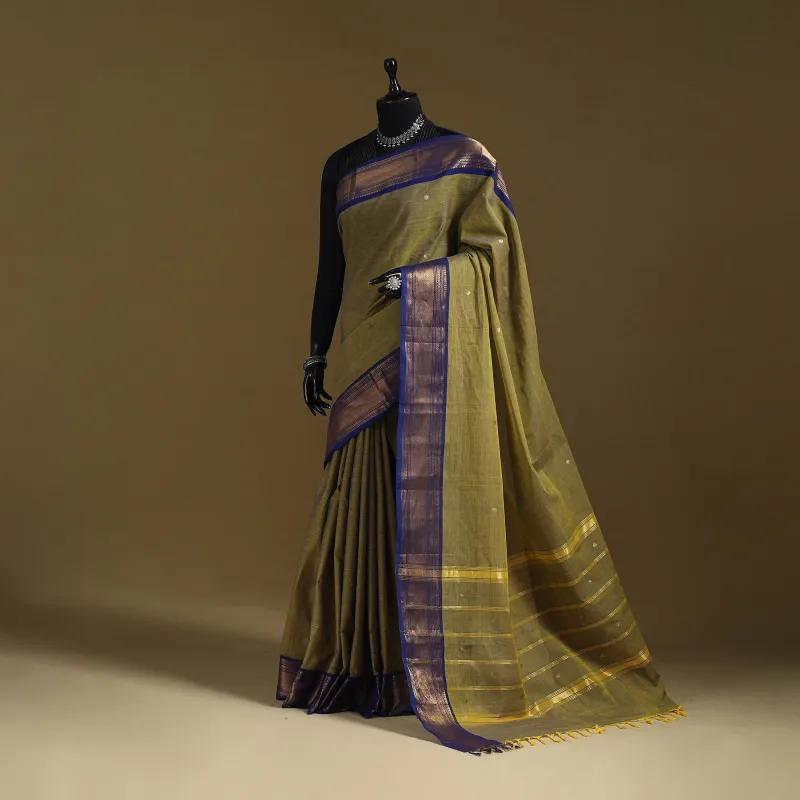 Green - Thread Buti Cotton Kanchipuram Saree with Border 38 made by Itokri