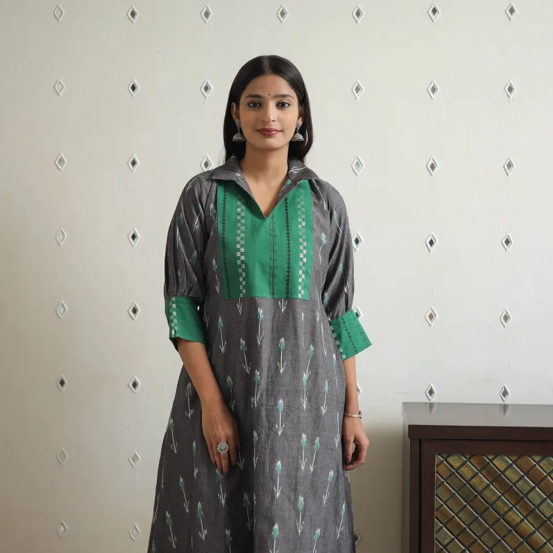 Grey - Cotton Pochampally Ikat Kurta 05 made by Itokri