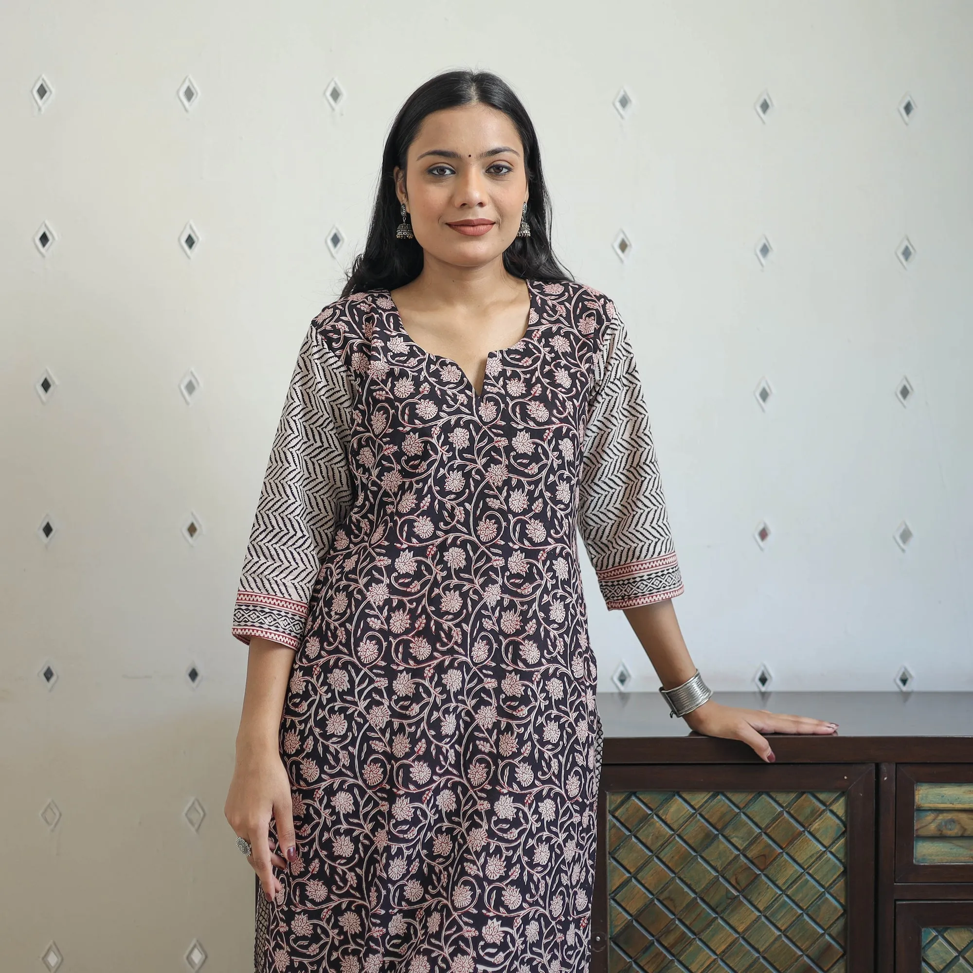 Black - Block Print Cotton Straight Bagh Kurta 08 sold by Itokri