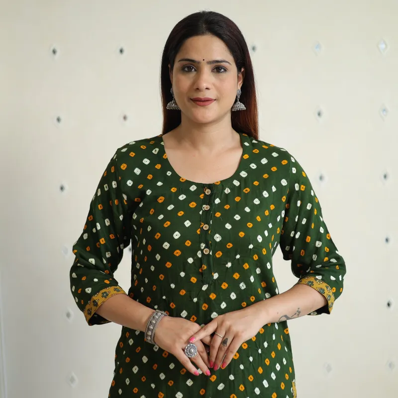Dark Green Bandhani Tie-dye Cotton Straight Kurta sold by Itokri