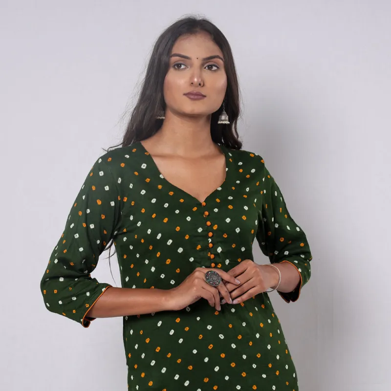 Olive Green - Bandhani Tie-dye Cotton Long Straight Kurta sold by Itokri