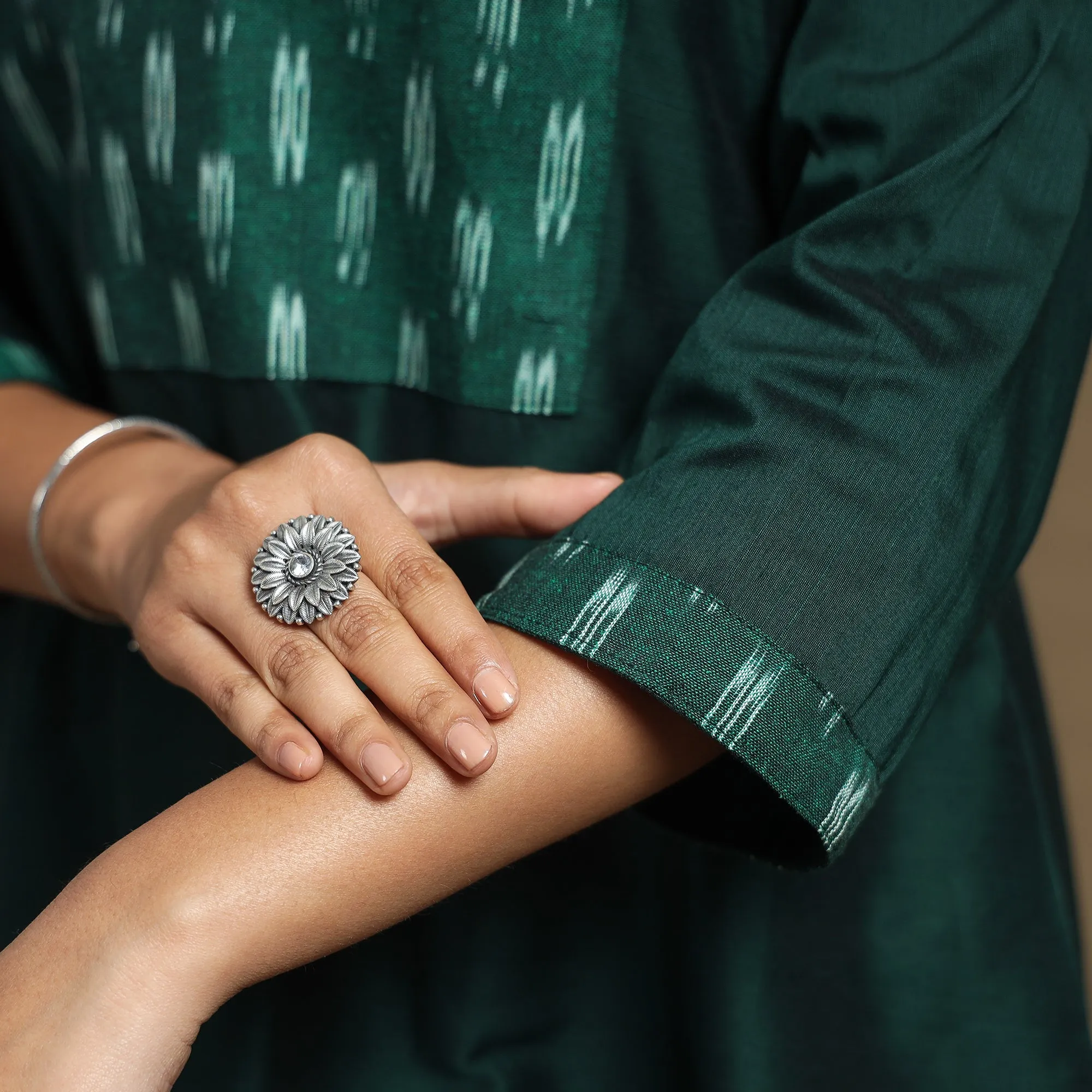 Dark Green - Plain Slub Silk A-Line Kurta with Ikat Patchwork sold by Itokri product image thumbnail 5