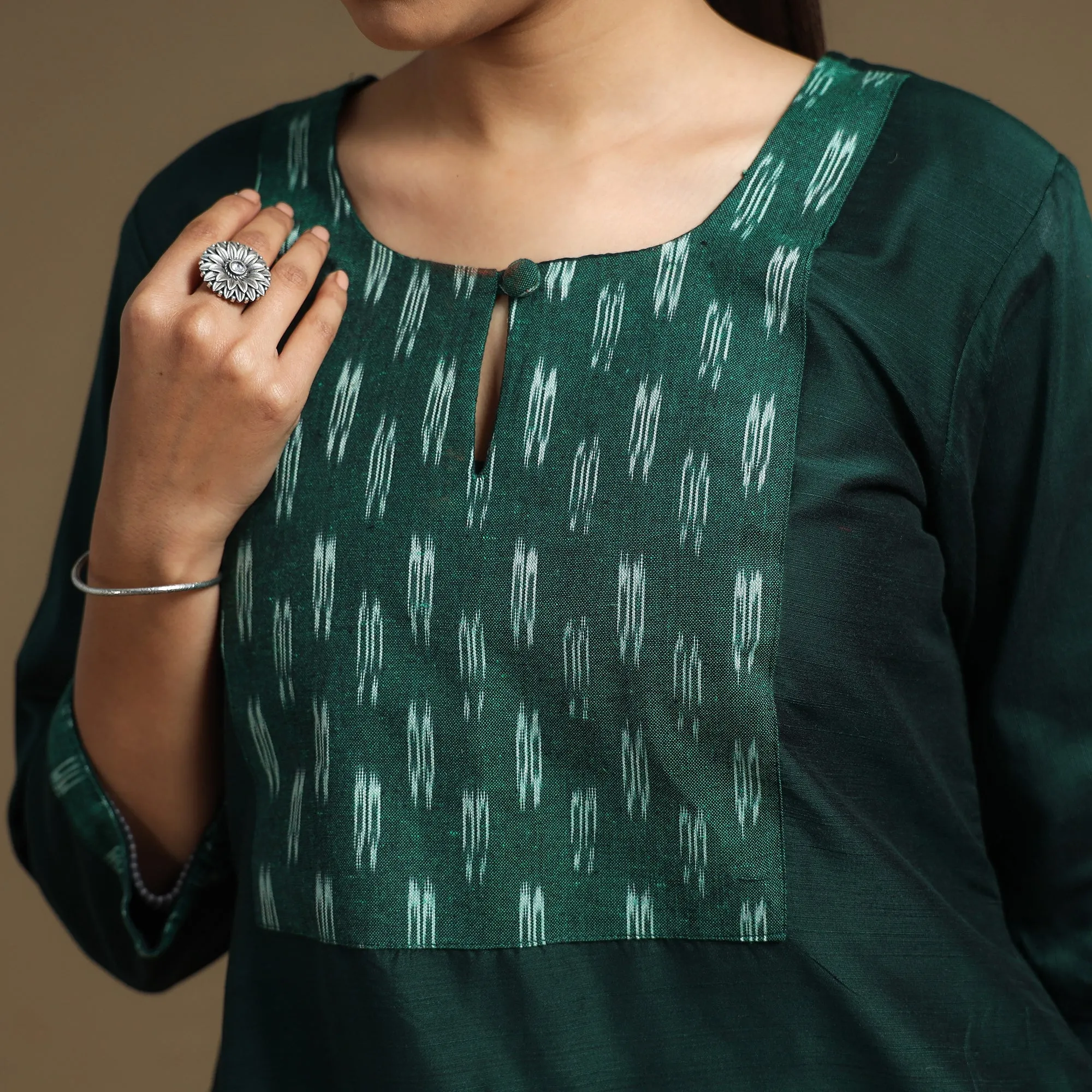 Dark Green - Plain Slub Silk A-Line Kurta with Ikat Patchwork sold by Itokri product image thumbnail 4