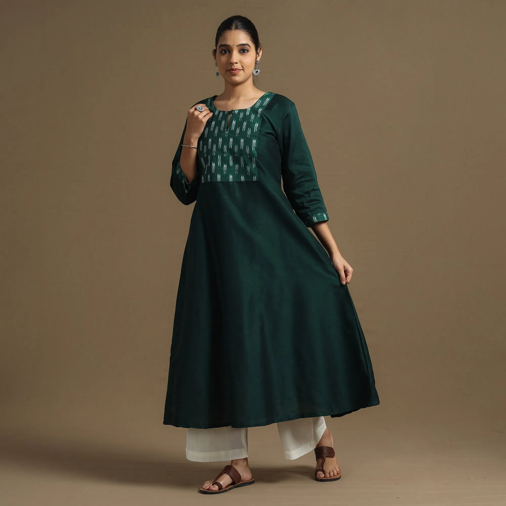 Dark Green - Plain Slub Silk A-Line Kurta with Ikat Patchwork sold by Itokri product image thumbnail 3