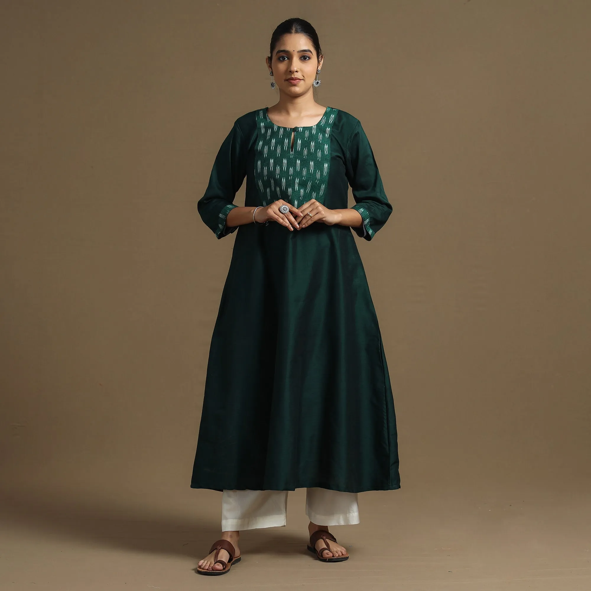 Dark Green - Plain Slub Silk A-Line Kurta with Ikat Patchwork sold by Itokri product image thumbnail 2