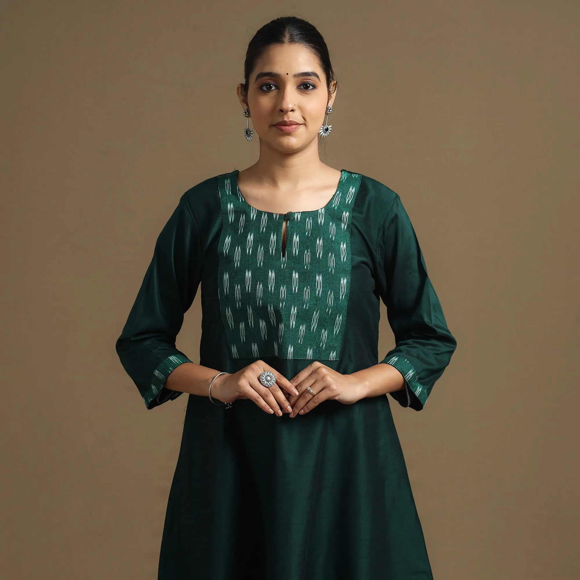 Dark Green - Plain Slub Silk A-Line Kurta with Ikat Patchwork sold by Itokri