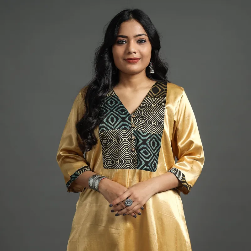 Beige - Plain Mashru Silk with Ajrakh Patchwork Floral A-Line Kurta made by Itokri