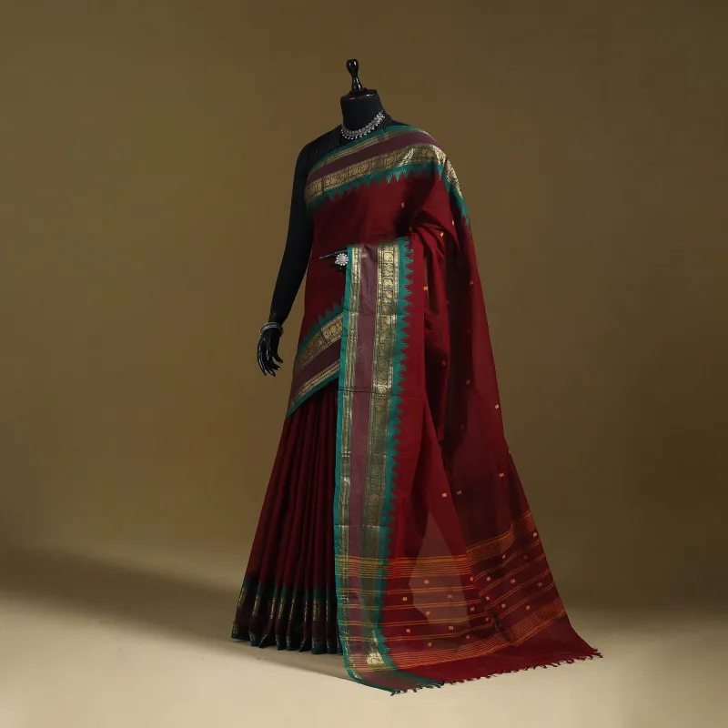 Maroon - Thread Buti Cotton Kanchipuram Saree with Border 27 made by Itokri