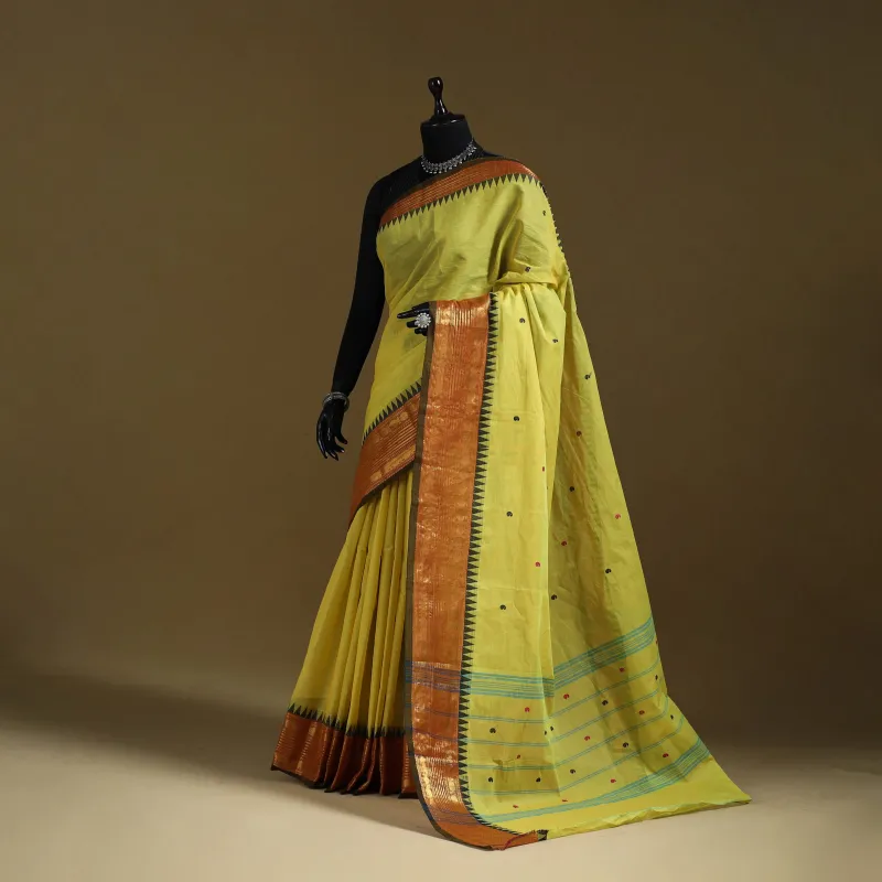 Yellow - Thread Buti Cotton Kanchipuram Saree with Border 25 made by Itokri