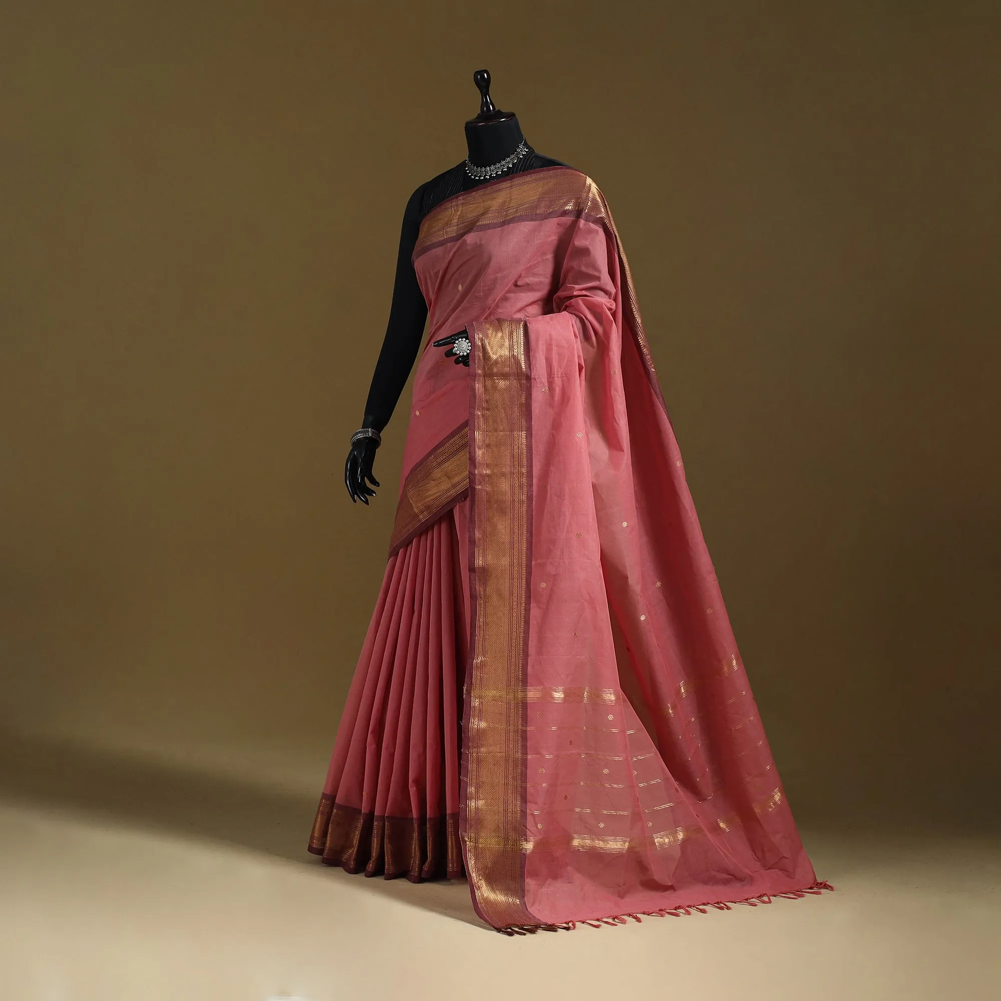 Pink - Thread Buti Cotton Kanchipuram Saree with Border 24 sold by Itokri