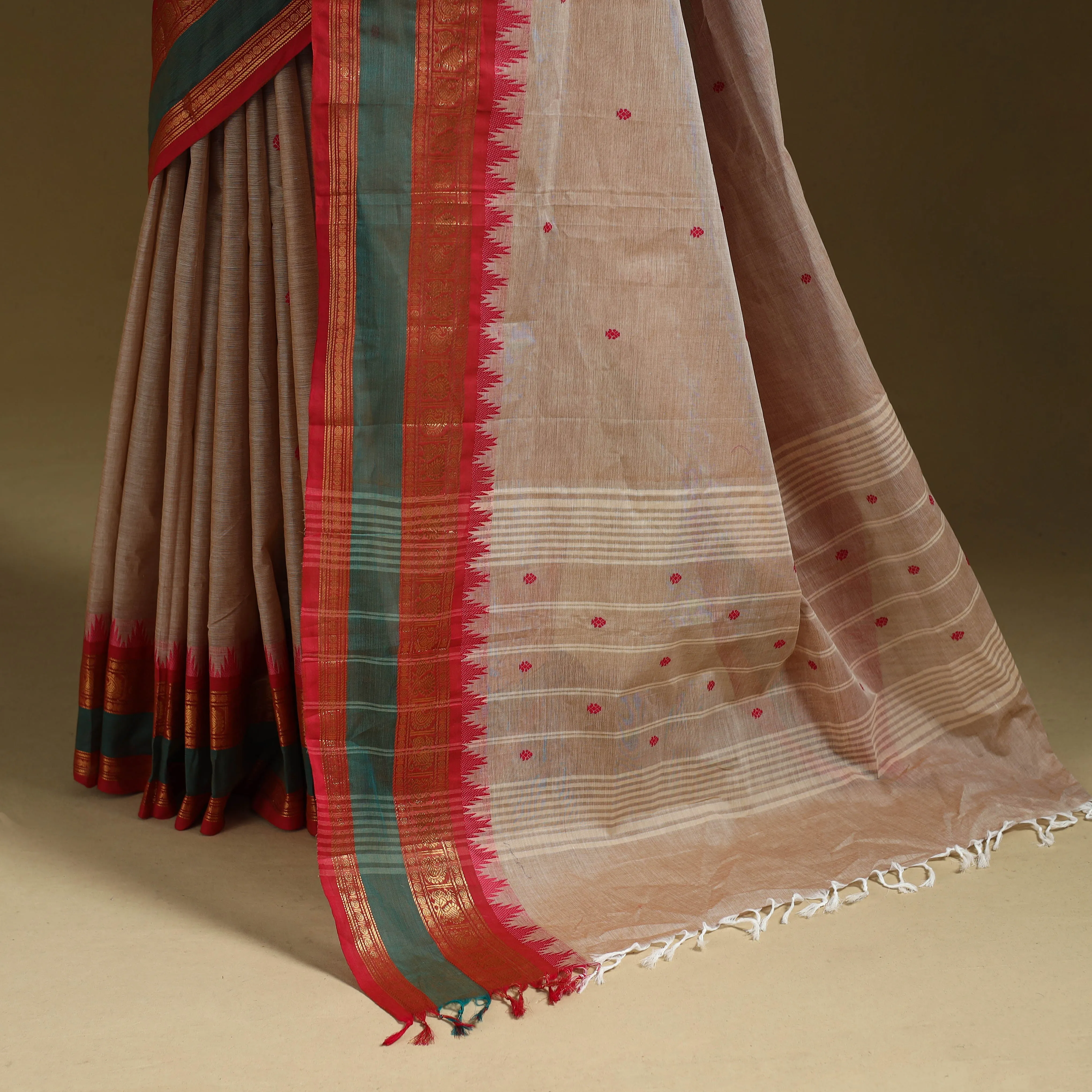 Brown - Thread Buti Cotton Kanchipuram Saree with Border 17 sold by Itokri product image thumbnail 4