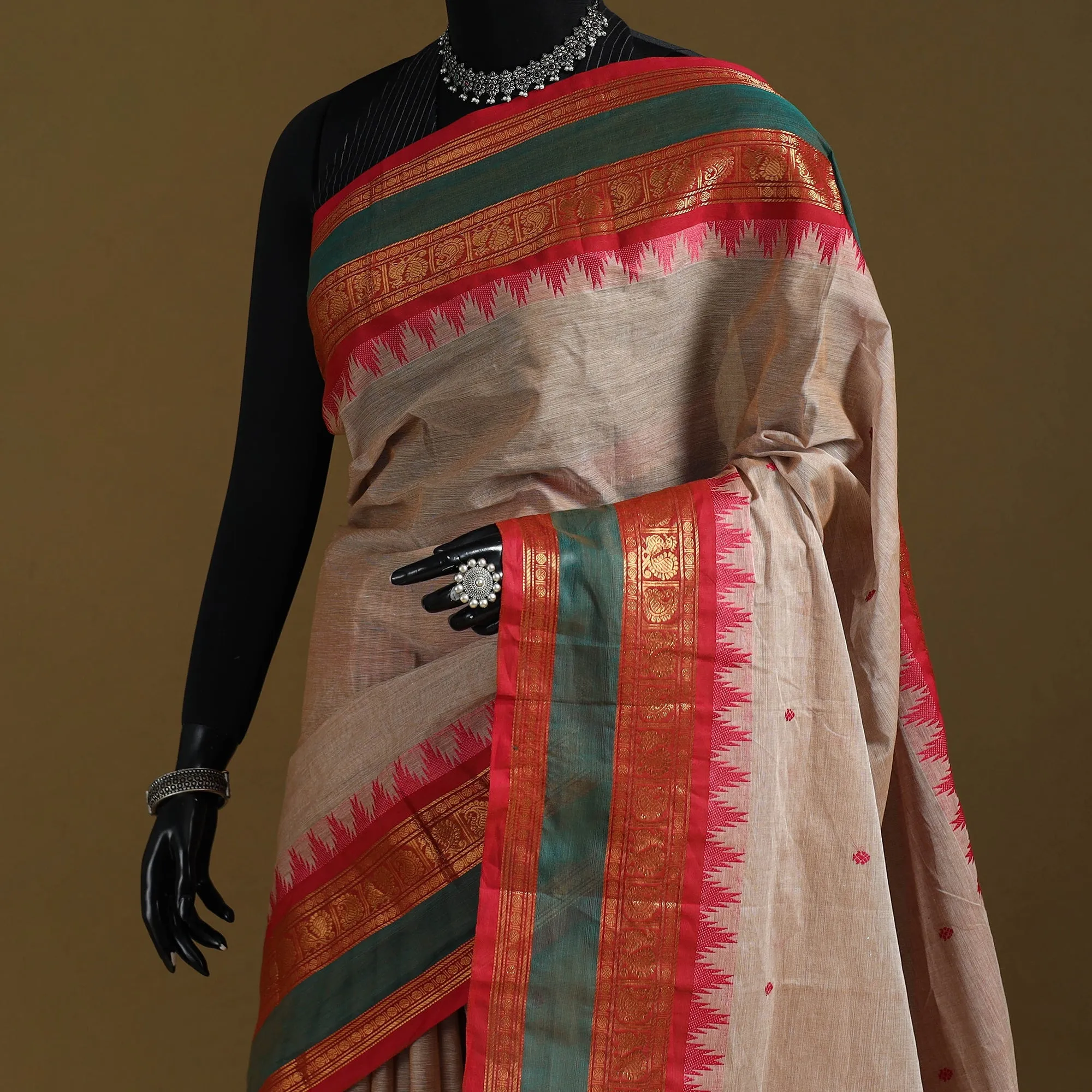 Brown - Thread Buti Cotton Kanchipuram Saree with Border 17 sold by Itokri product image thumbnail 2