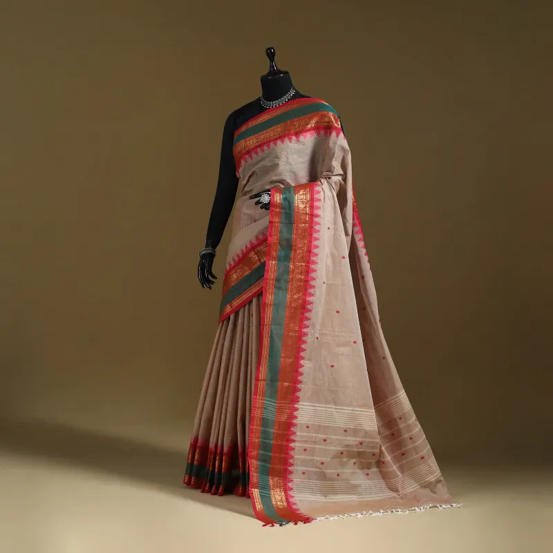 Brown - Thread Buti Cotton Kanchipuram Saree with Border 17 sold by Itokri