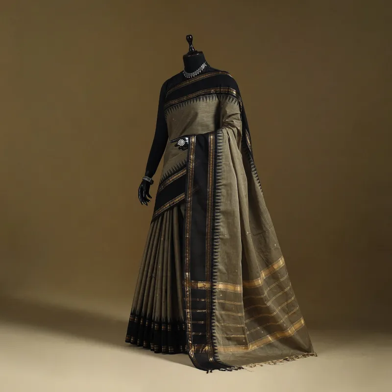 Brown - Thread Buti Cotton Kanchipuram Saree with Border 16 sold by Itokri