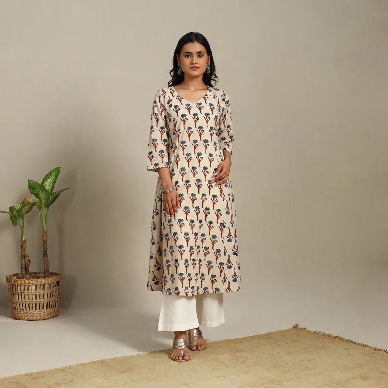 Beige - Block Print Natural Dyed Cotton A-Line Ajrakh Kurta 03 made by Itokri