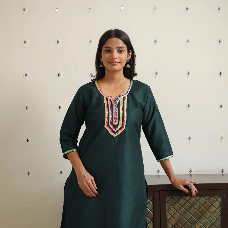 Jannat Dark Green Gota Work Slub Silk Plain Kurta made by Itokri