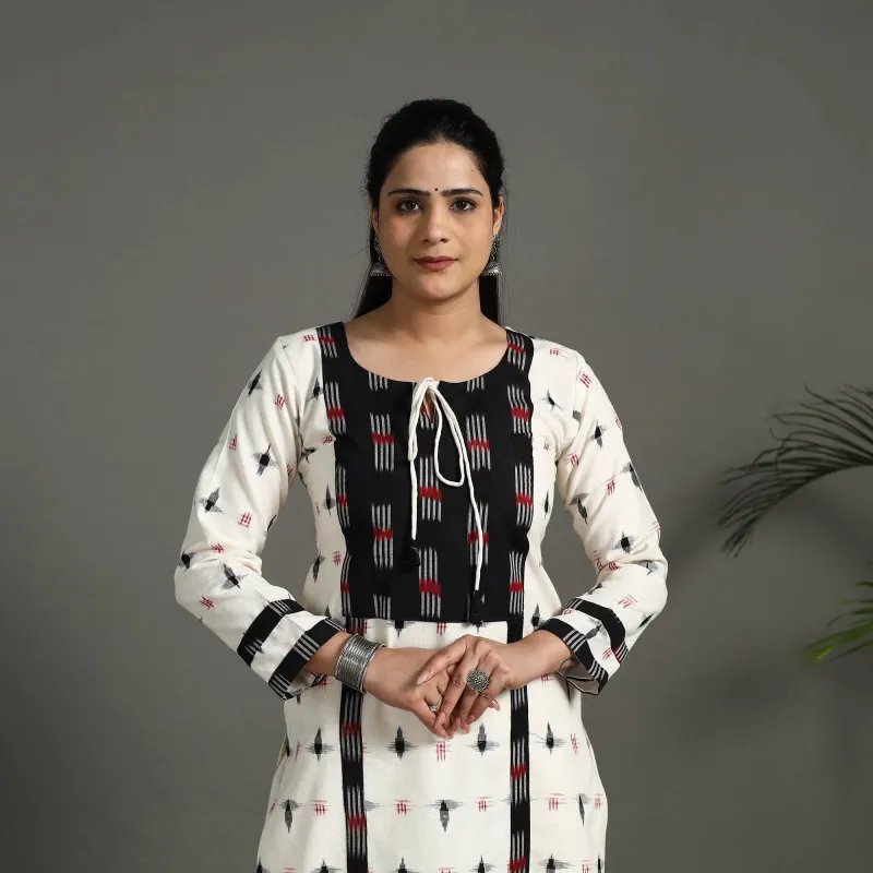 White - Handloom Cotton Straight Pochampally Double Ikat Kurta 05 made by Itokri