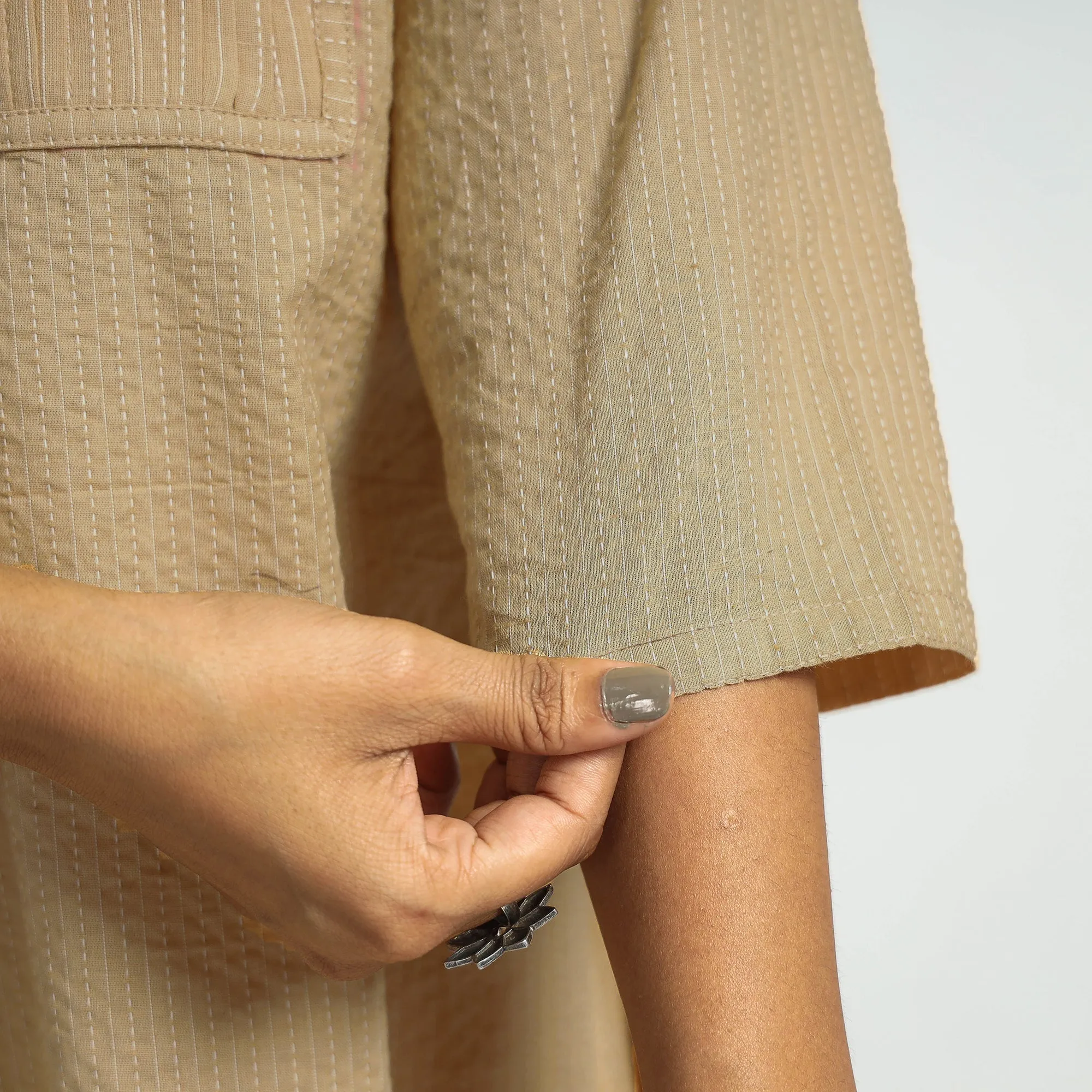 Beige - Plain Running Stitch Cotton Pintuck A-Line Long Kurta sold by Itokri product image thumbnail 5