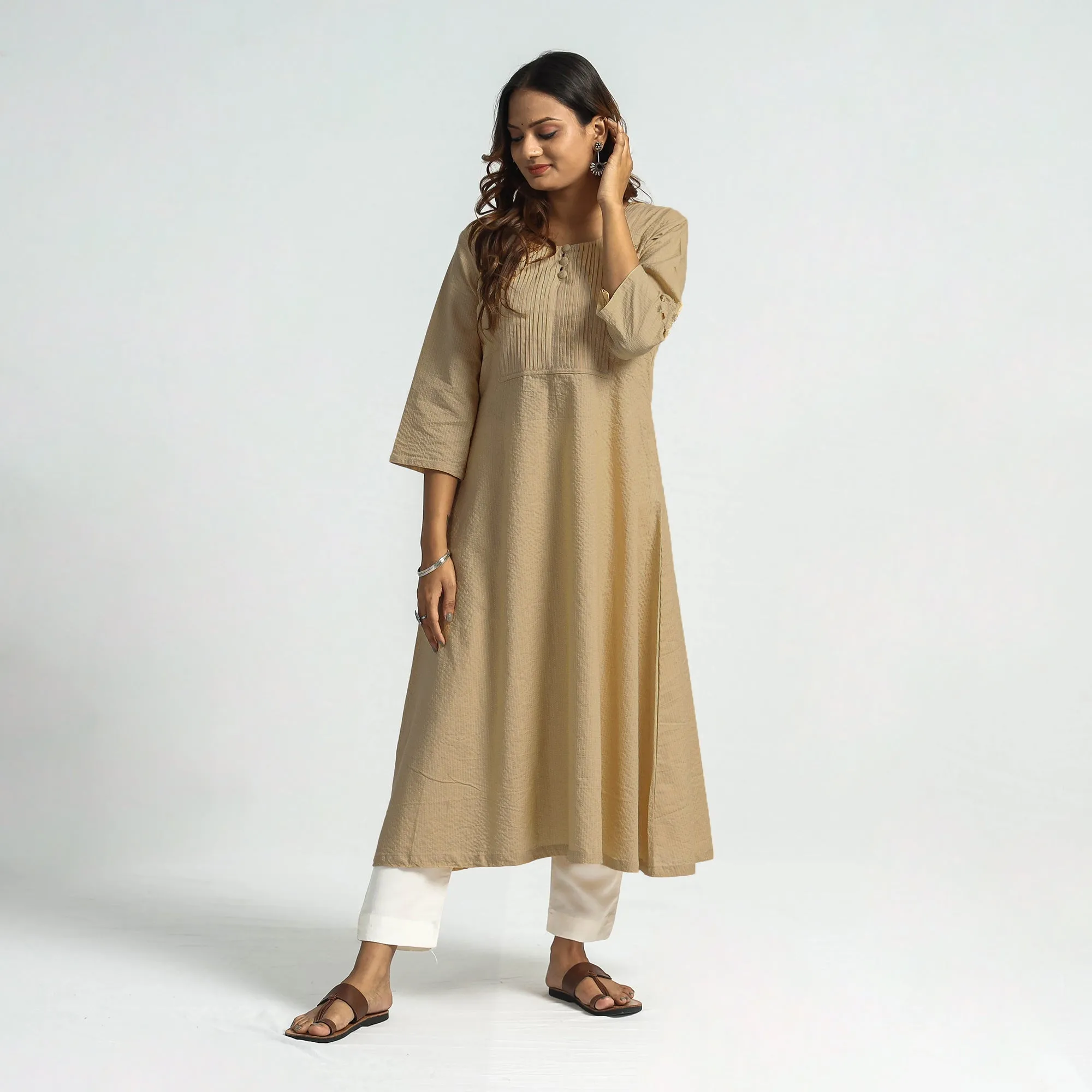 Beige - Plain Running Stitch Cotton Pintuck A-Line Long Kurta sold by Itokri product image thumbnail 3