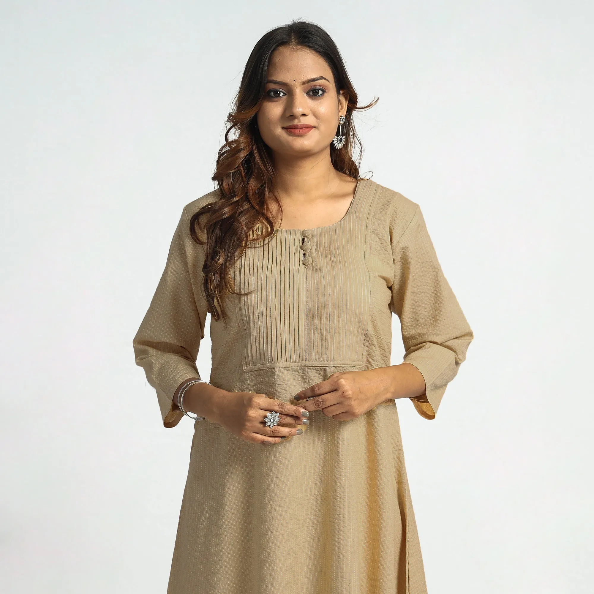 Beige - Plain Running Stitch Cotton Pintuck A-Line Long Kurta sold by Itokri