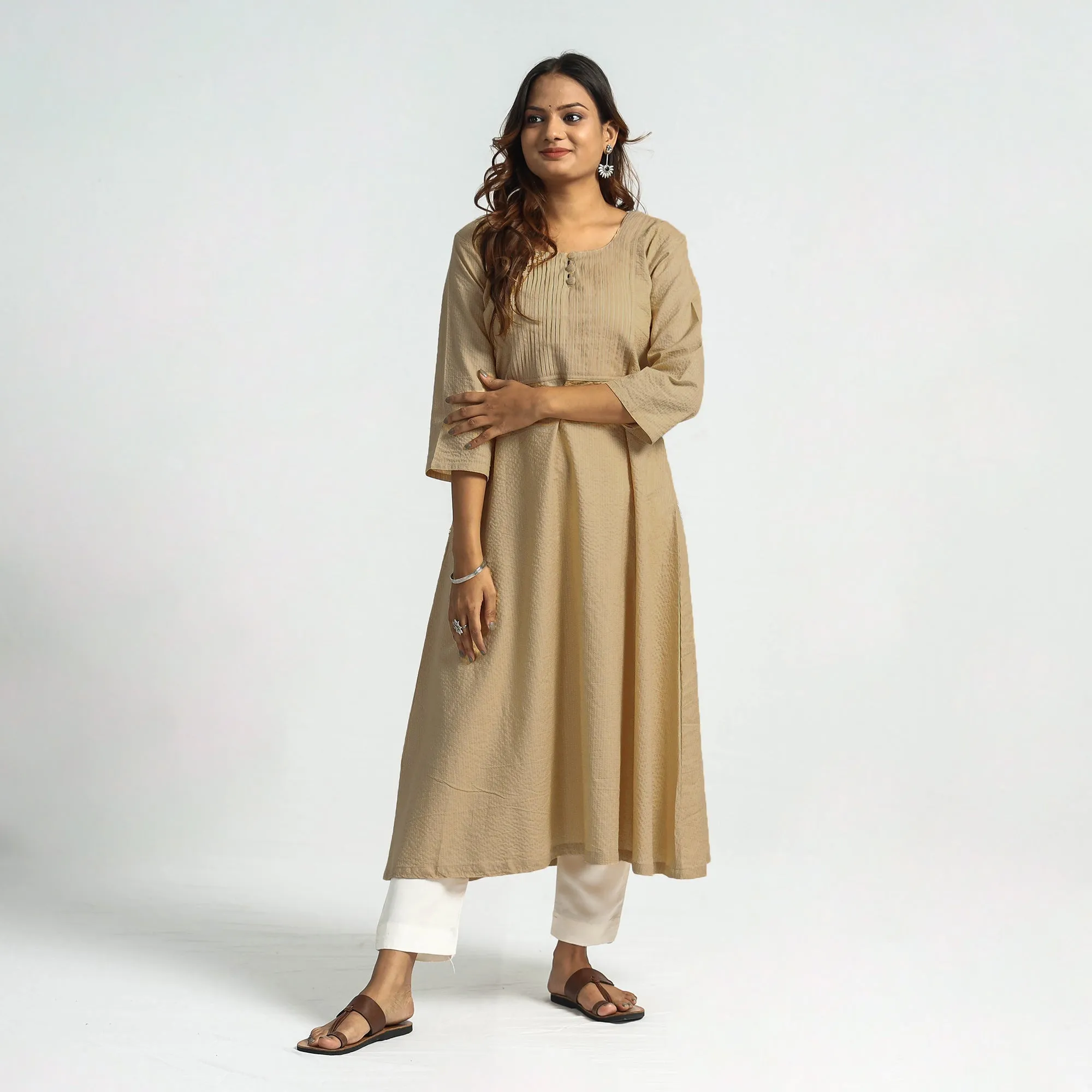 Beige - Plain Running Stitch Cotton Pintuck A-Line Long Kurta sold by Itokri product image thumbnail 2
