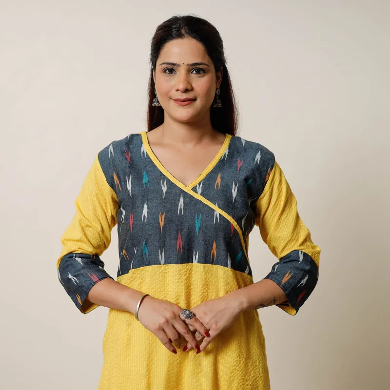 Yellow - Running Stitch Cotton Straight Kurta with Ikat Patchwork 07 sold by Itokri