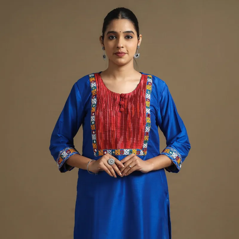 Blue - Plain Slub Silk Pintuck Straight Kurta with Ikat Patchwork sold by Itokri