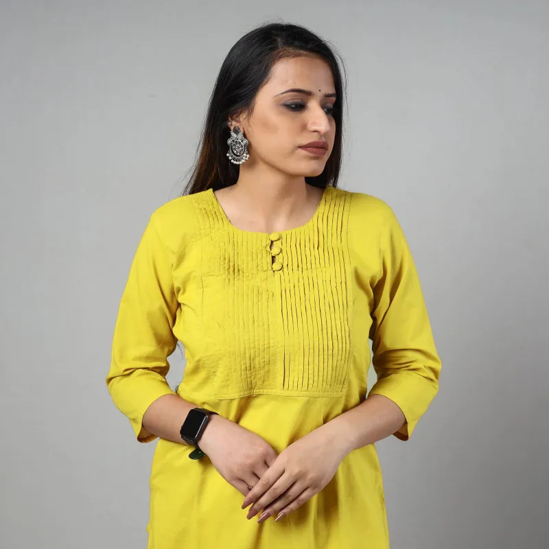 Yellow - Plain Cotton Pintuck Long Straight Kurta 09 sold by Itokri