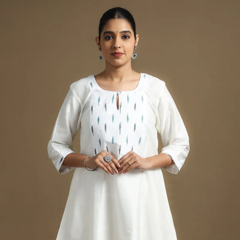 White - Plain Slub Silk Long A-Line Kurta with Ikat Patchwork 37 made by Itokri