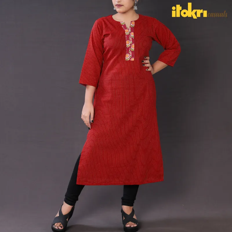 Red - Running Stitch Pure Cotton Long Straight Kurta sold by Itokri