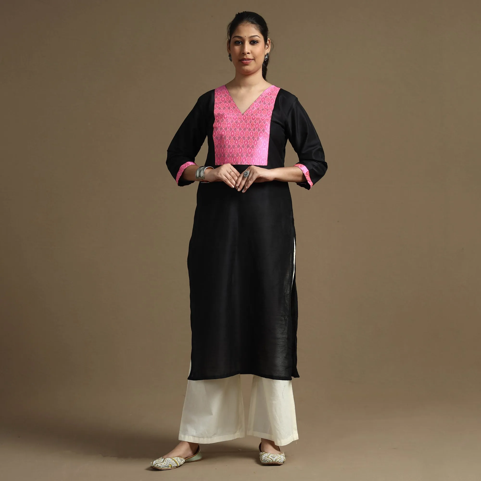 Black - Plain Solid Slub Silk Straight Kurta sold by Itokri product image thumbnail 2