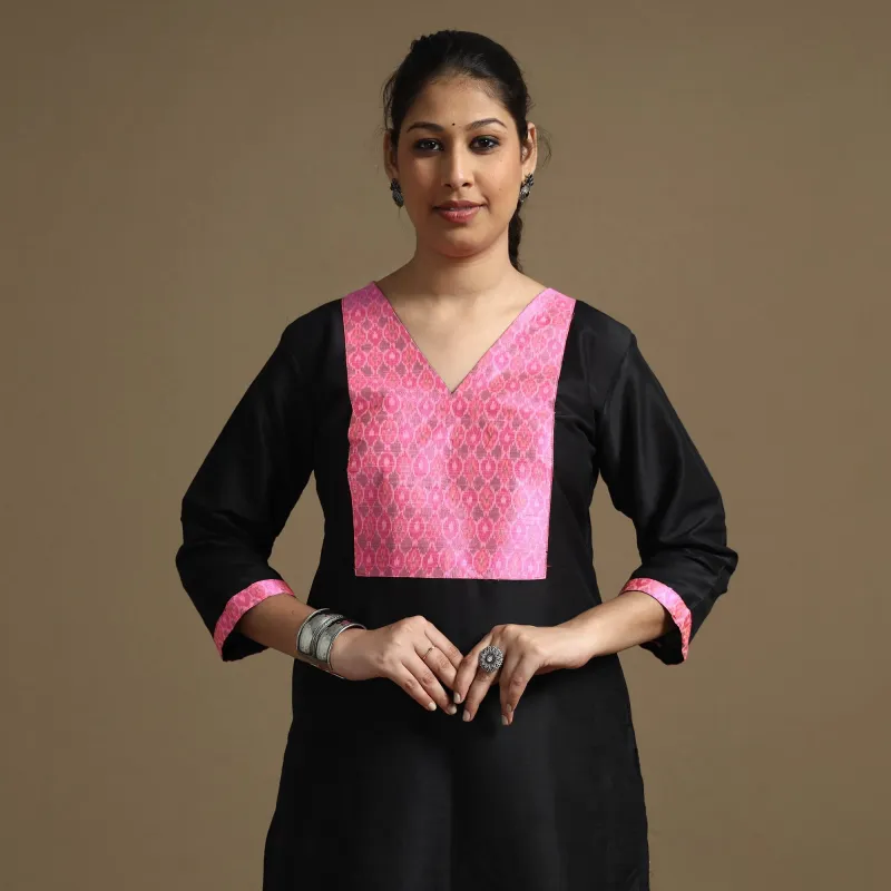 Black - Plain Solid Slub Silk Straight Kurta sold by Itokri