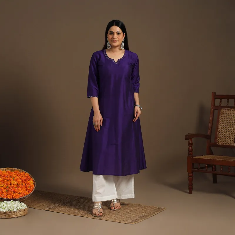 Purple - Slub Silk A-Line Plain Kurta with Hand Embroidery 08 made by Itokri