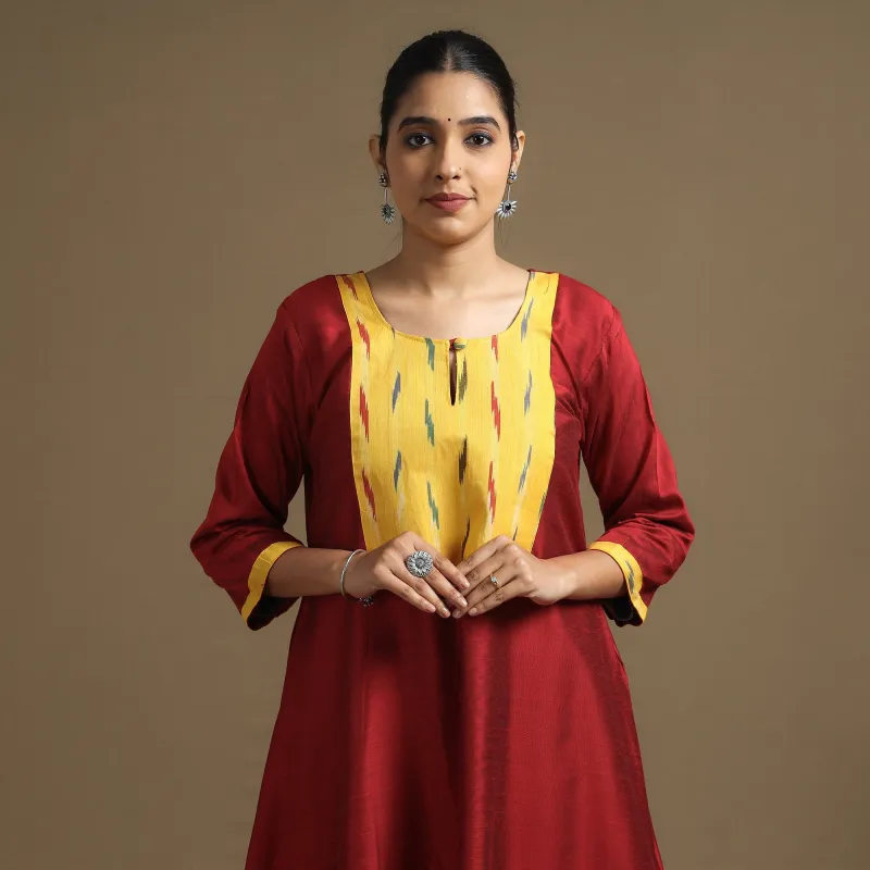 Dark Red - Plain Slub Silk A-Line Kurta with Ikat Patchwork made by Itokri