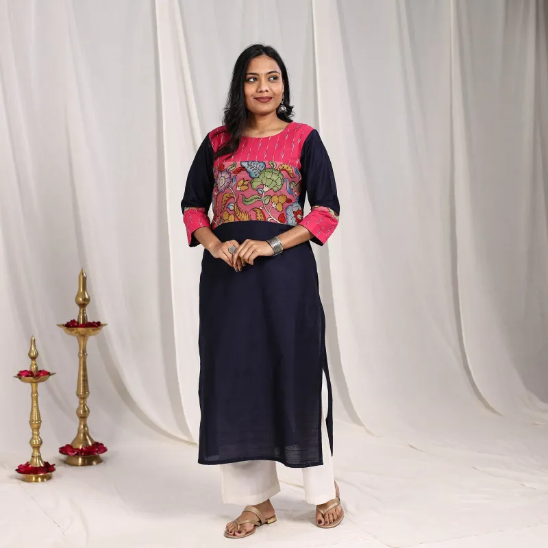 Navy Blue - Naaz Slub Silk Straight Plain Kurta with Patchwork made by Itokri