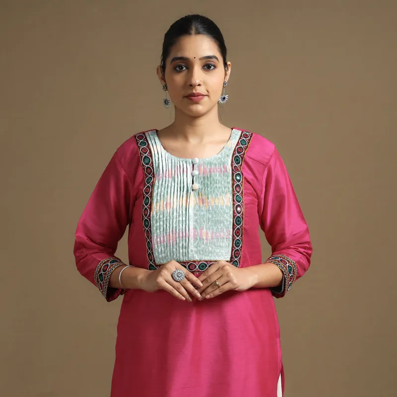 Pink - Plain Slub Silk Pintuck Kurta with Ikat Patchwork sold by Itokri