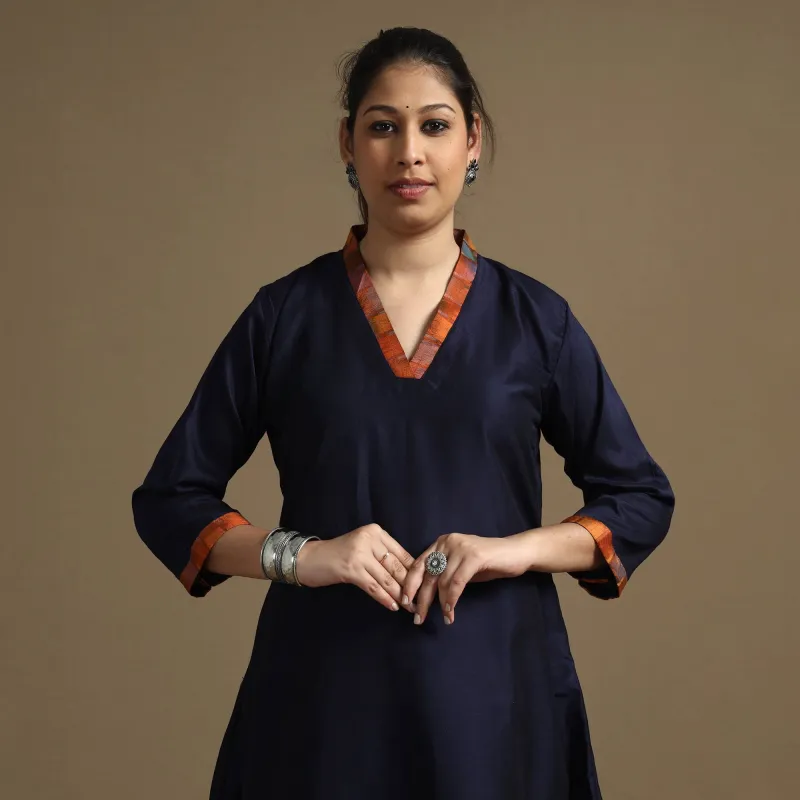 Navy Blue - Plain Solid Slub Silk Long Kurta sold by Itokri