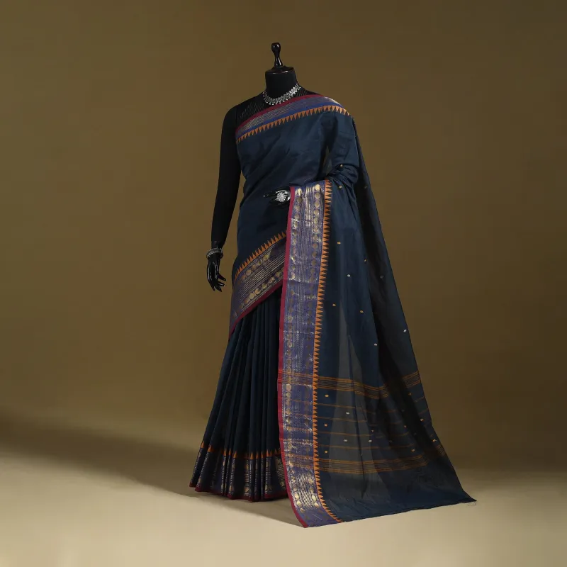 Black - Thread Buti Cotton Kanchipuram Saree with Border 07 sold by Itokri