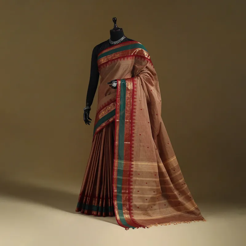 Brown - Thread Buti Cotton Kanchipuram Saree with Border 06 sold by Itokri