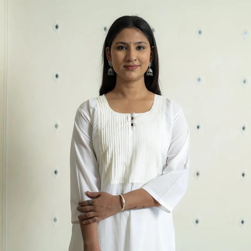 White - Plain Cotton Pintuck Long Straight Kurta 15 sold by Itokri