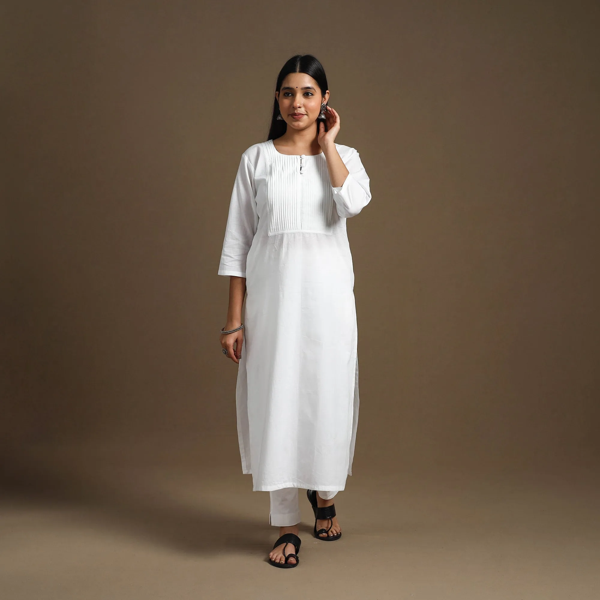 White - Straight Pintuck Plain Cotton Kurta 08 sold by Itokri product image thumbnail 2