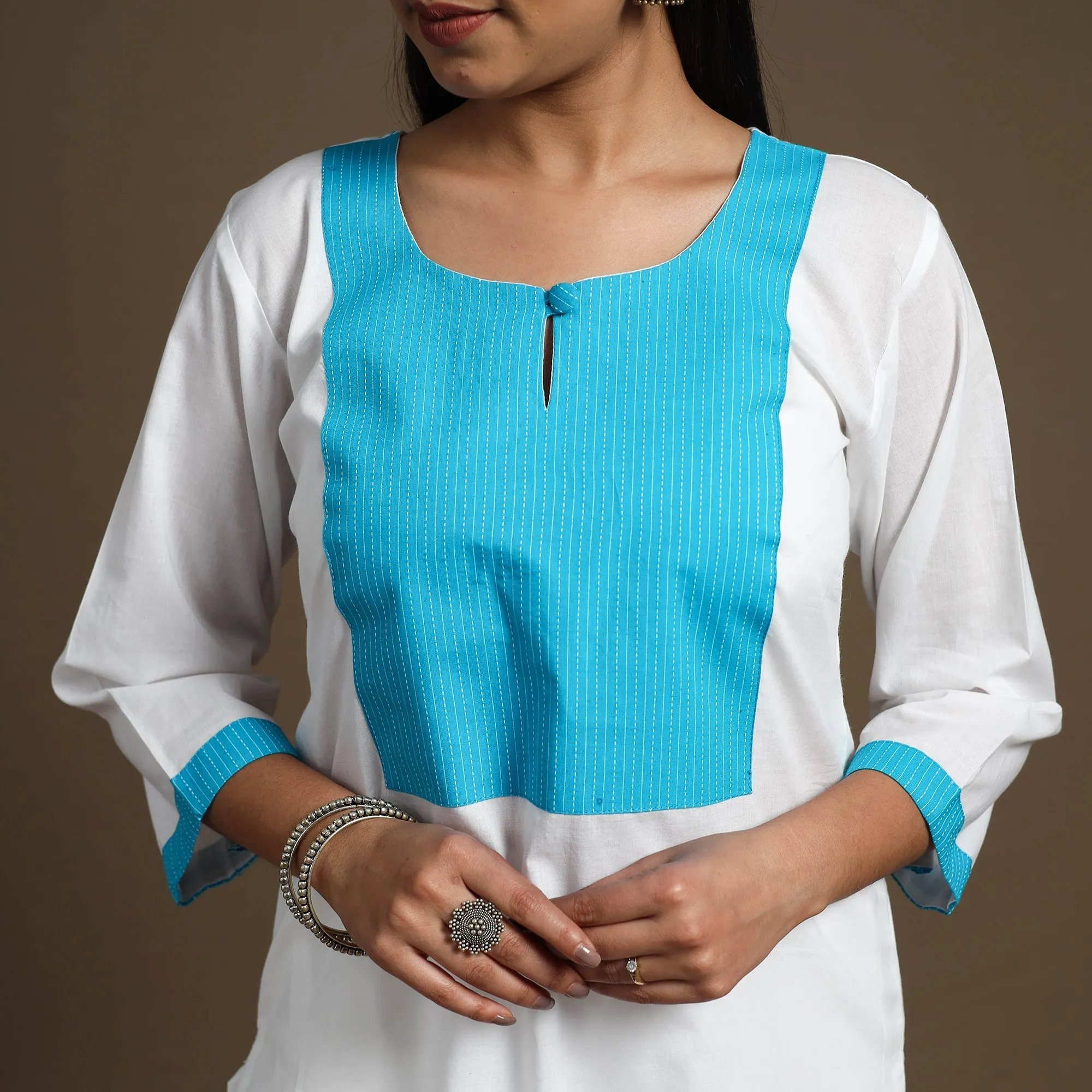 White - Straight Patchwork Plain Cotton Kurta 04 sold by Itokri product image thumbnail 5
