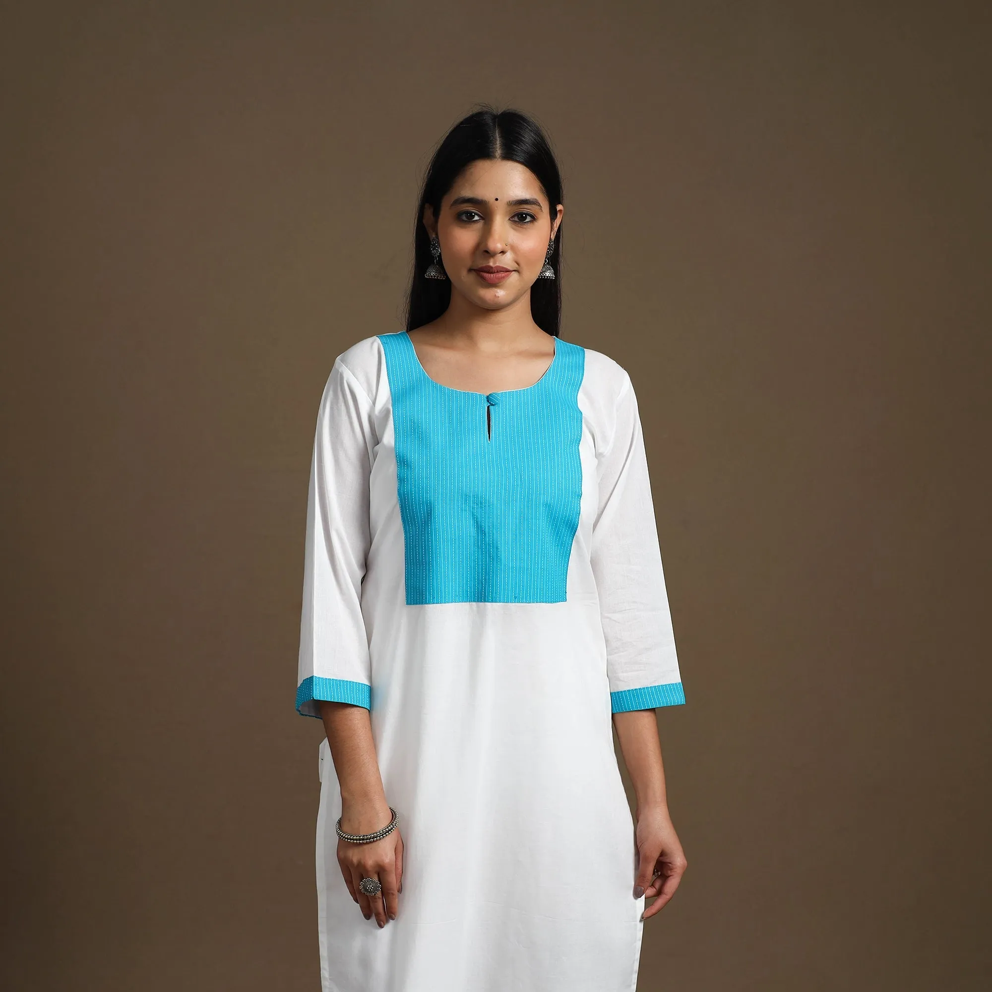 White - Straight Patchwork Plain Cotton Kurta 04 sold by Itokri product image thumbnail 3