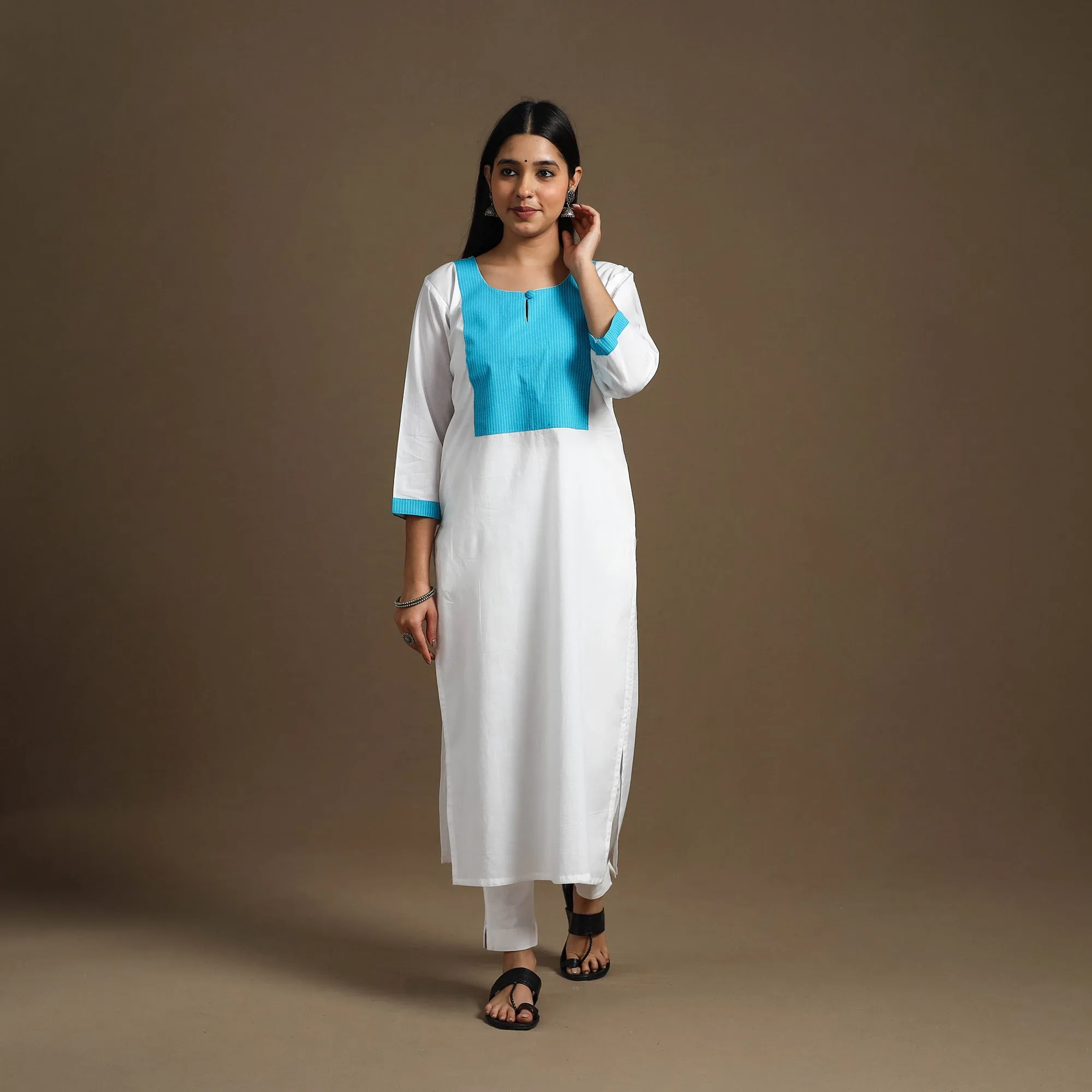 White - Straight Patchwork Plain Cotton Kurta 04 sold by Itokri product image thumbnail 2