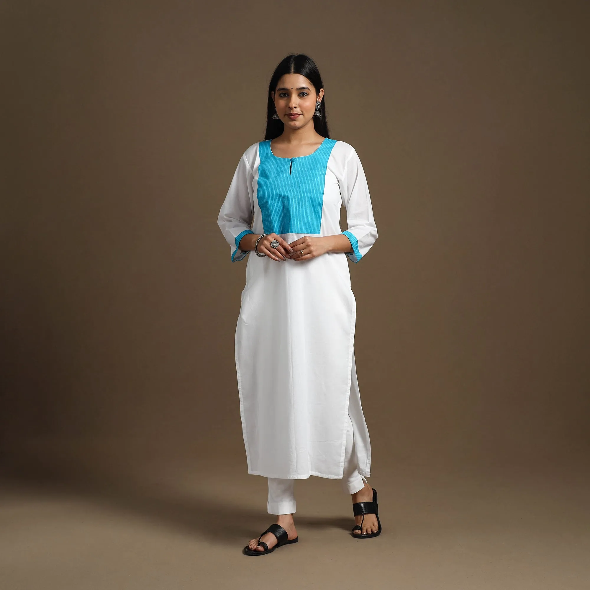 White - Straight Patchwork Plain Cotton Kurta 04 sold by Itokri
